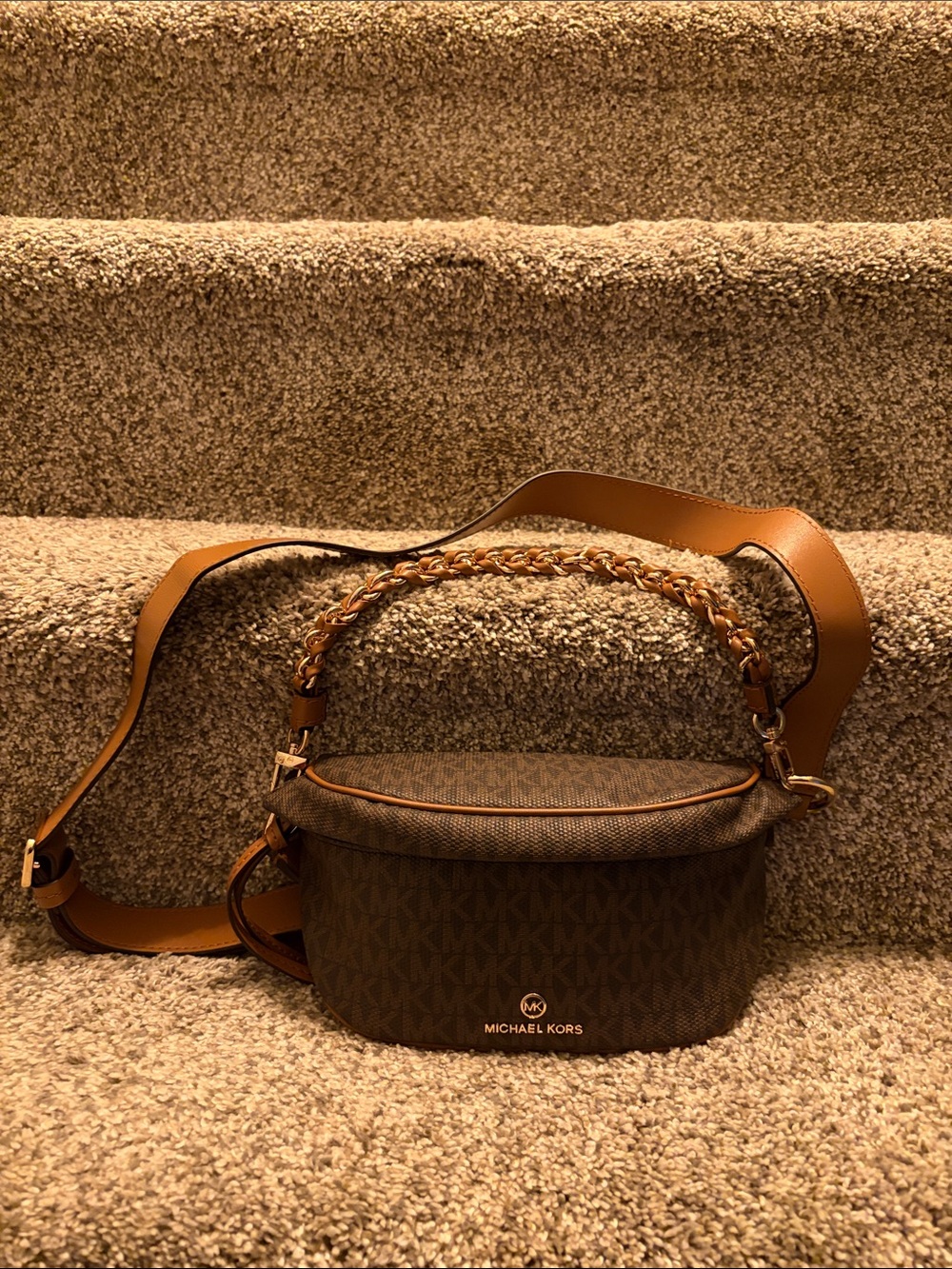Michael Kors Brown MK Logo Crossbody Belt Bag Fanny Pack with Braided Handle